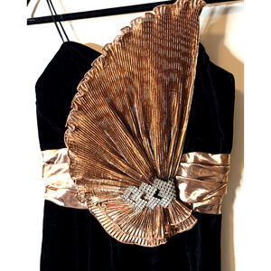 Vtg PS I Love You Womens Black Velvet Dress w/ HUGE Copper/Rhinestone Bow XS/S*